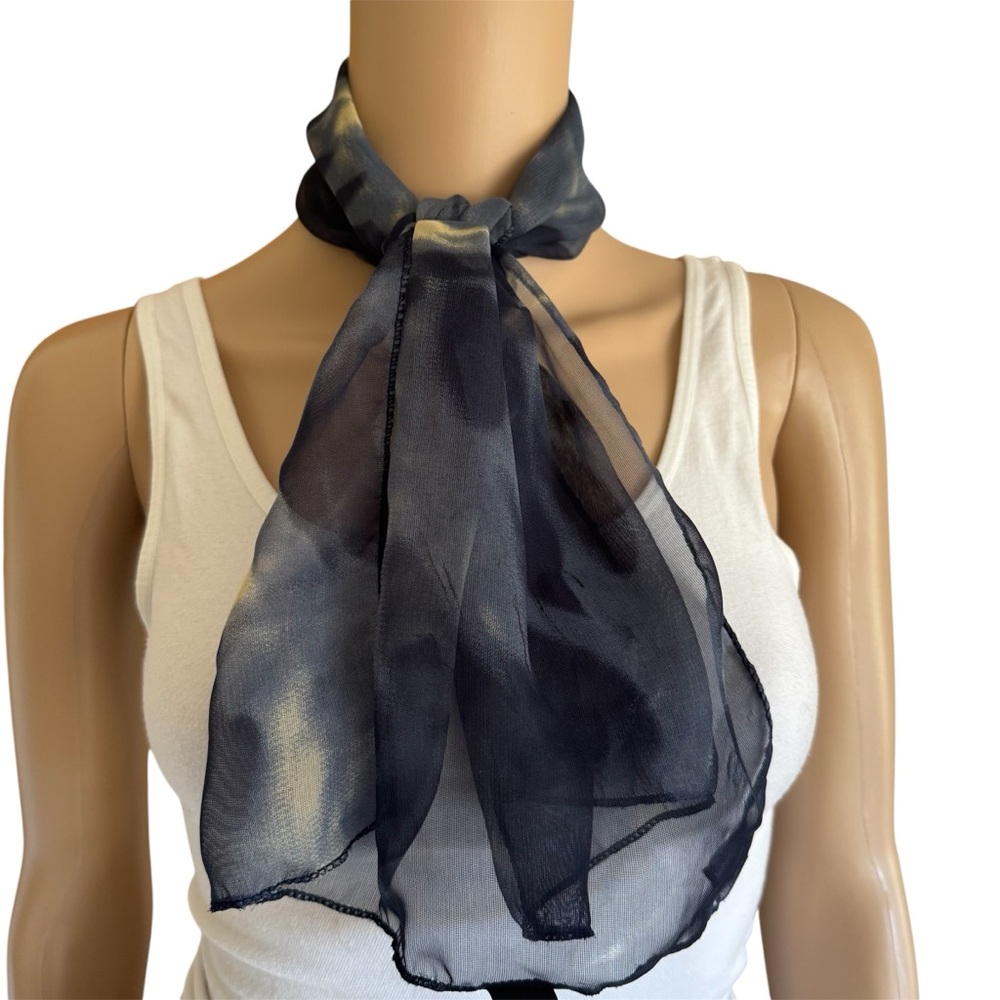 Vintage Navy Blue Sheer Oblong Neck Skinny Scarf with Subtle Cream Accents